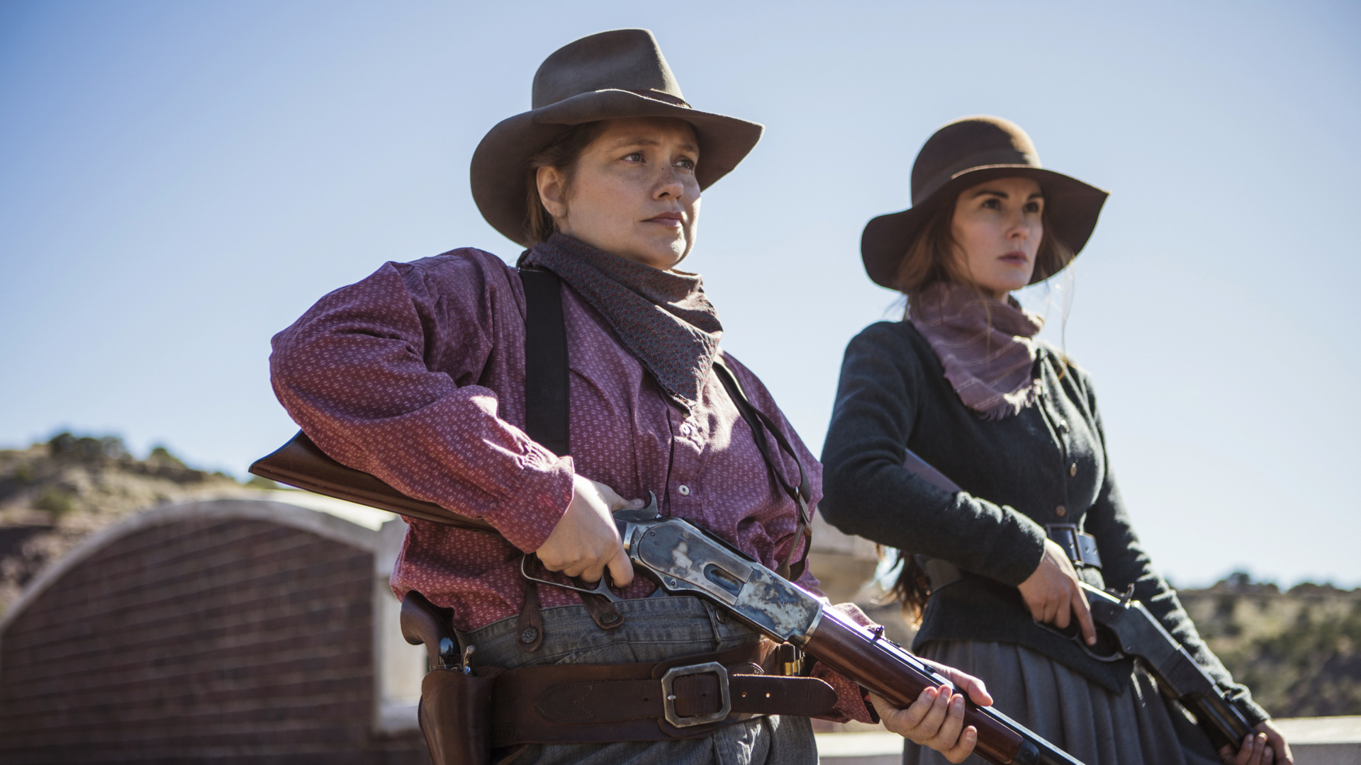 Michelle Dockery as Alice Fletcher and Merritt Wever as Mary Agnes McNue from Godless.