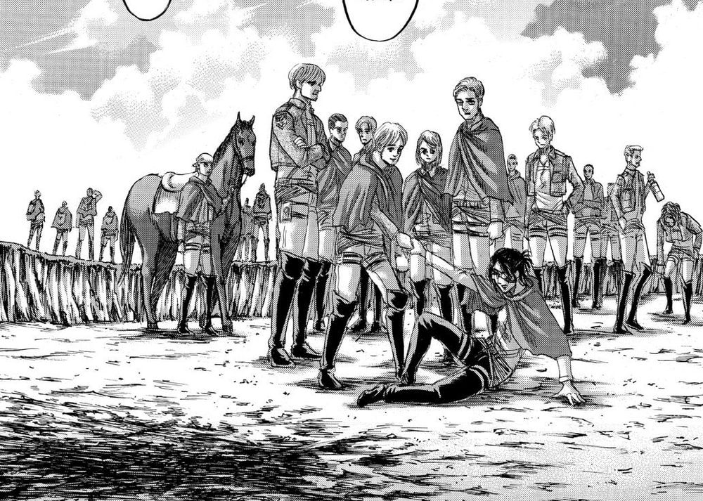 Hange surrounded by Survey Corps