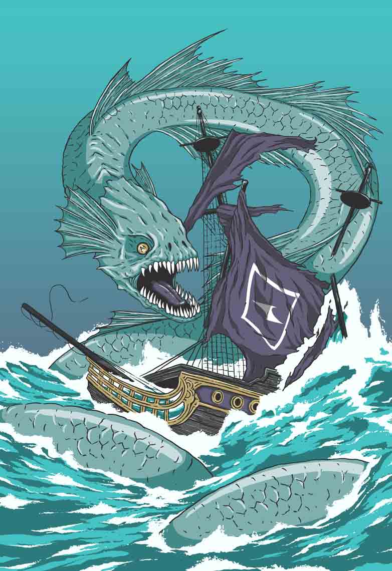 giant sea serpent attacking sailing galleon