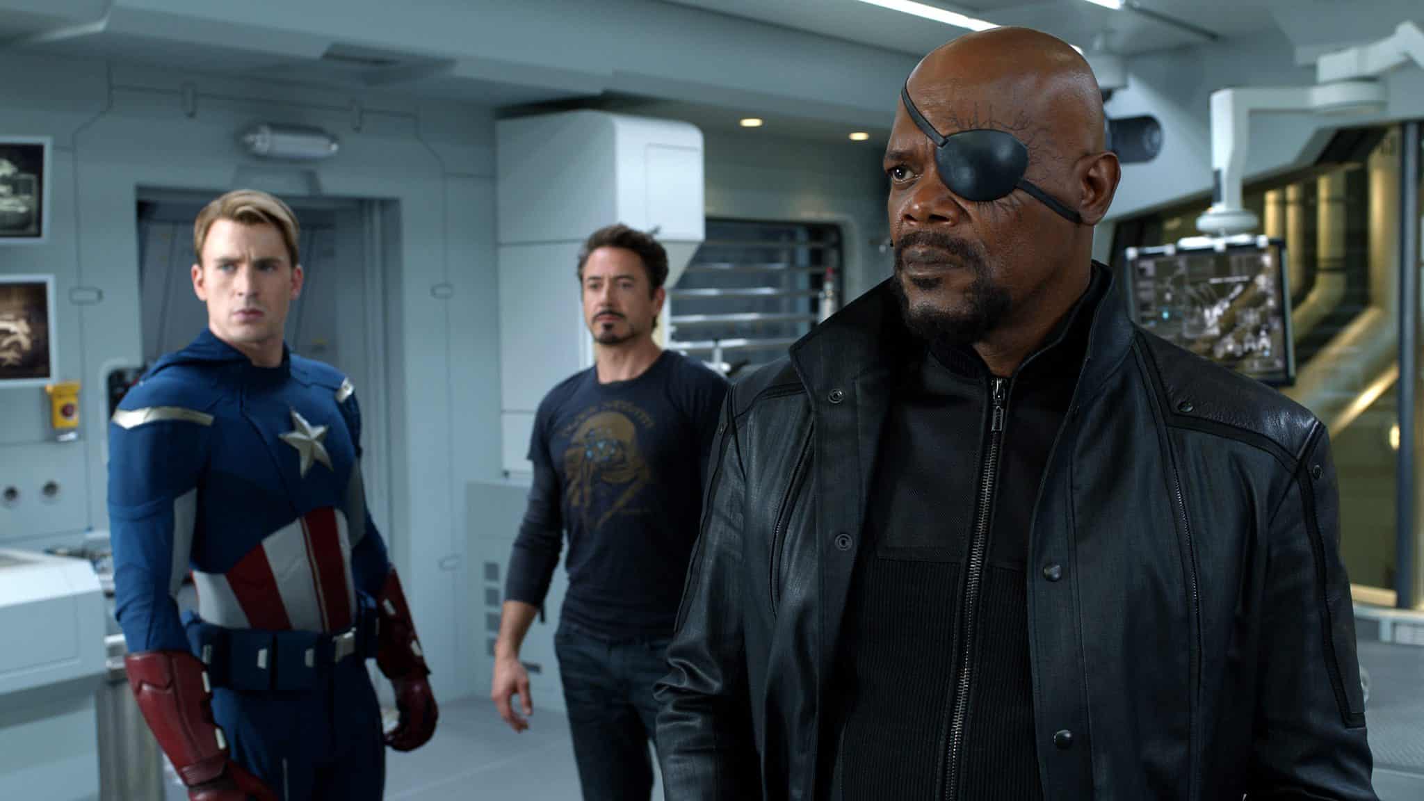 A still from 2012's Avengers featuring Chris Evans, Robert Downey Jr. and Samuel L. Jackson