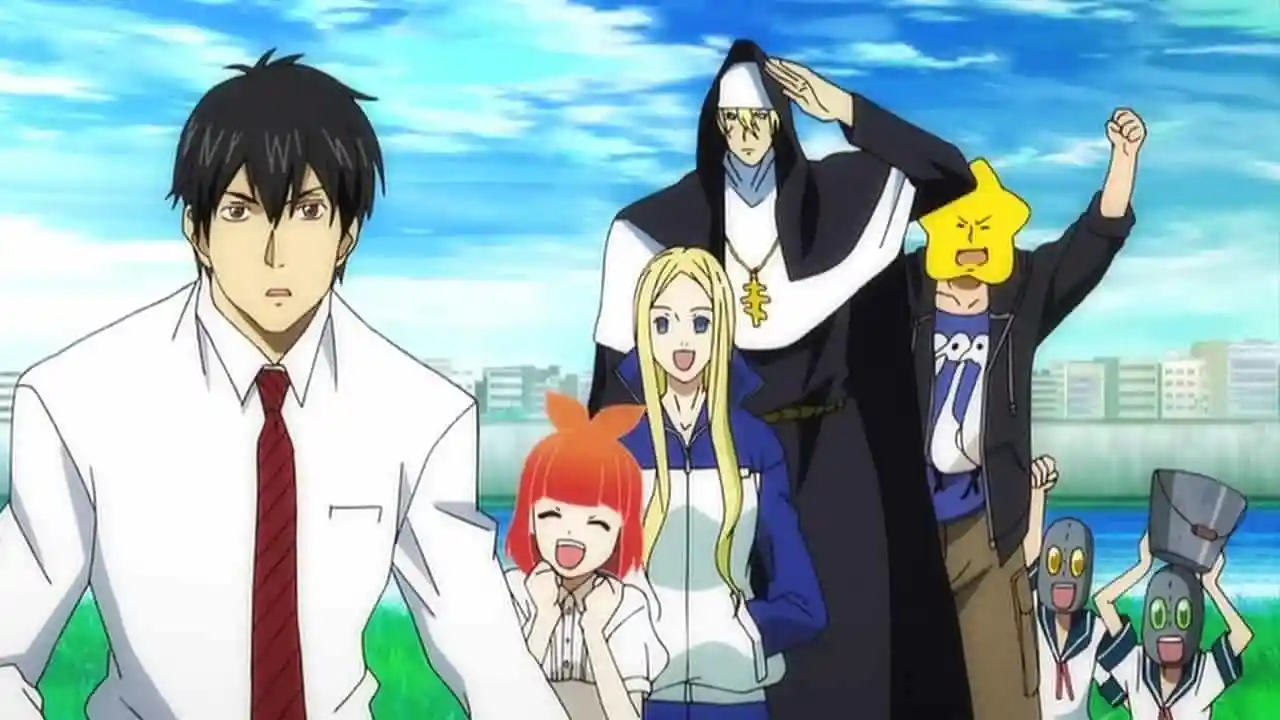 a high school boy with two girls and a priest and 3 people wearing masks