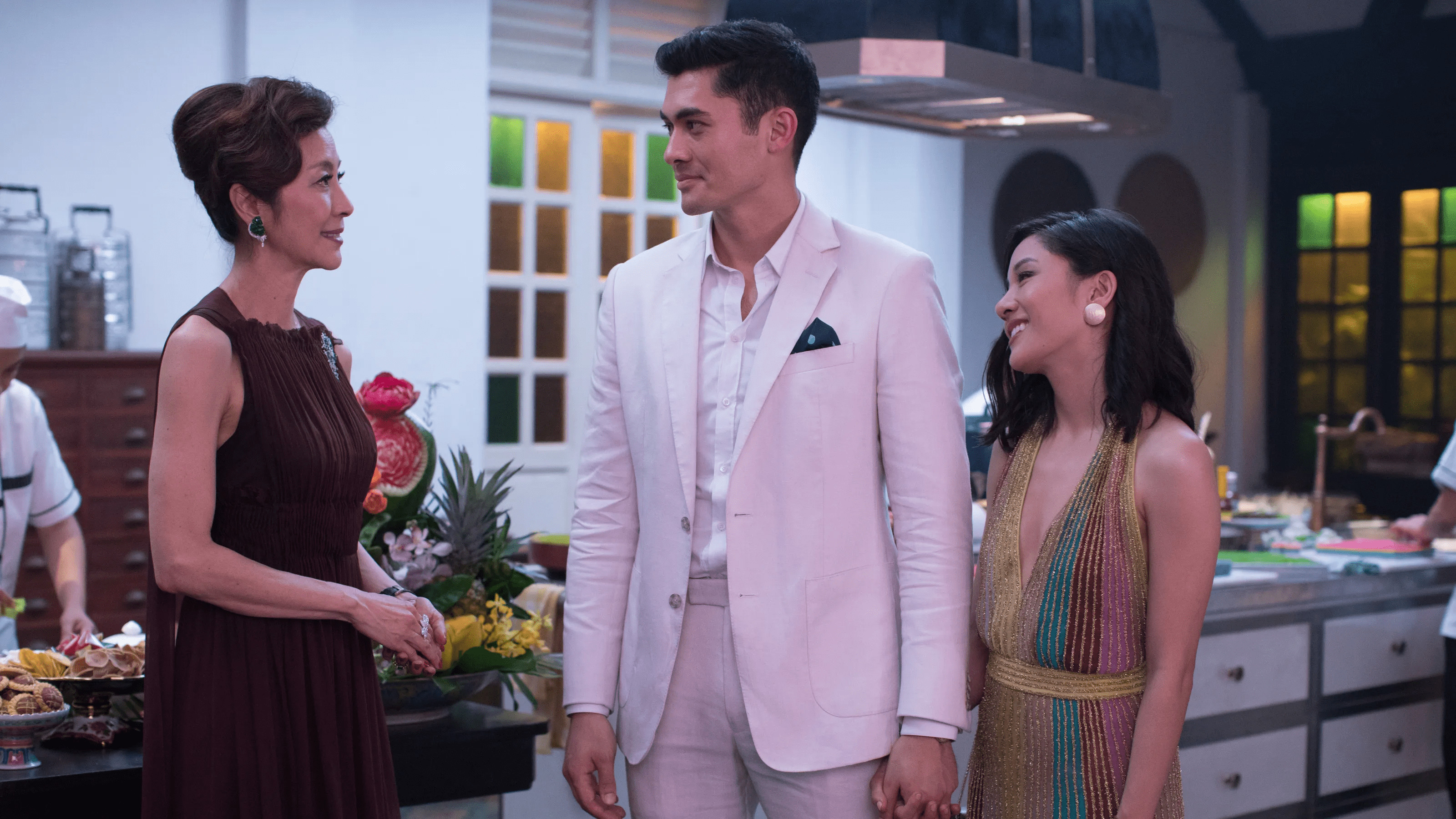 Michelle Young, Henry Golding, and Constance Wu in the movie 'Crazy Rich Asians'