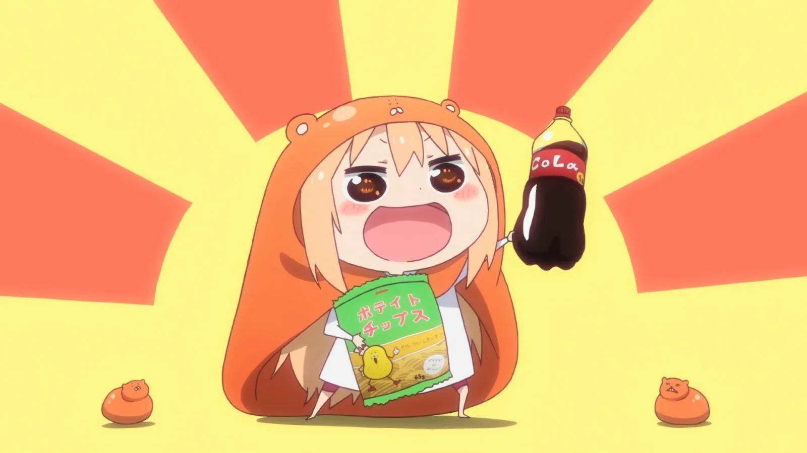a girl holding a bottle of cola and a packet of chips.