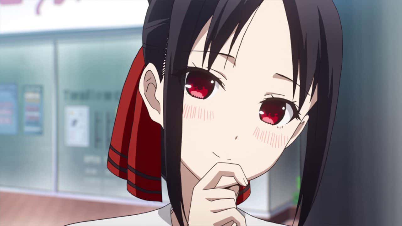 a girl with red eyes blushing 