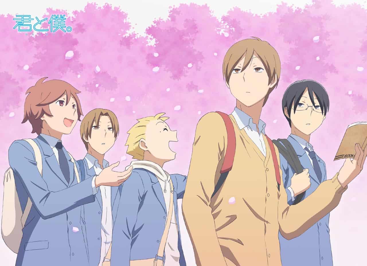 5 highschool boys enjoying cherry blossom