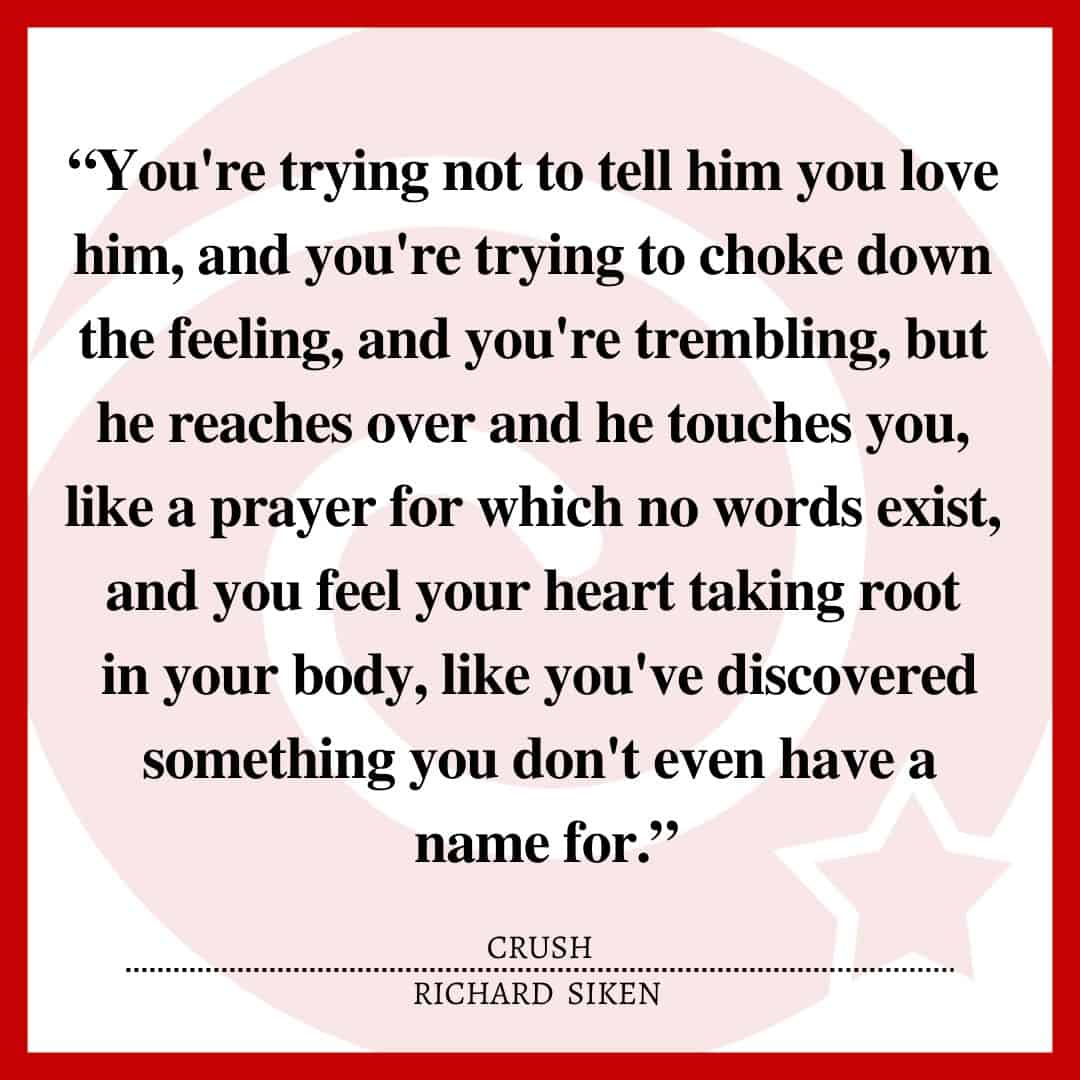 “You're trying not to tell him you love him, and you're trying to choke down the feeling, and you're trembling, but he reaches over and he touches you, like a prayer for which no words exist, and you feel your heart taking root in your body, like you've discovered something you don't even have a name for.”