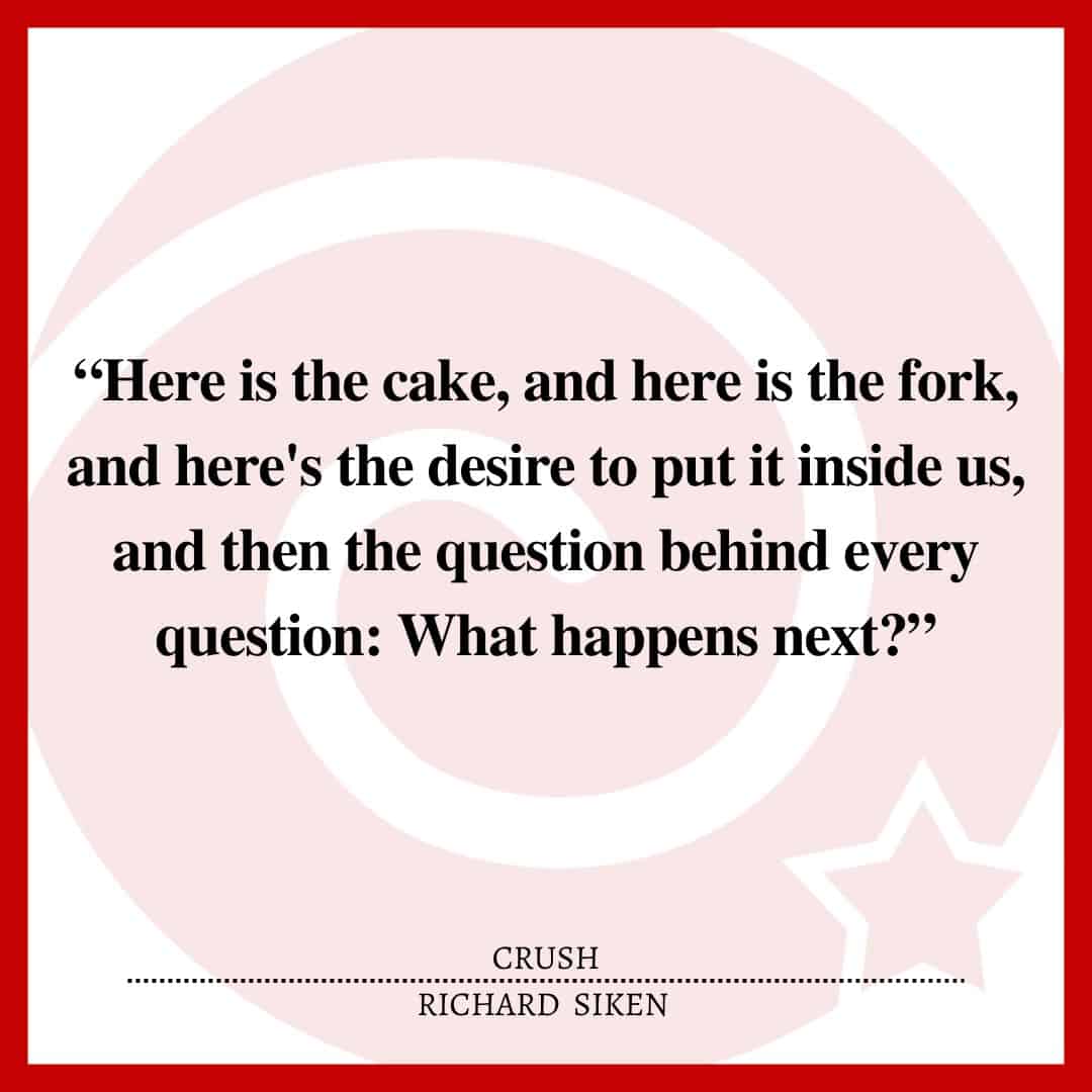 “Here is the cake, and here is the fork, and here's the desire to put it inside us, and then the question behind every question: What happens next?”