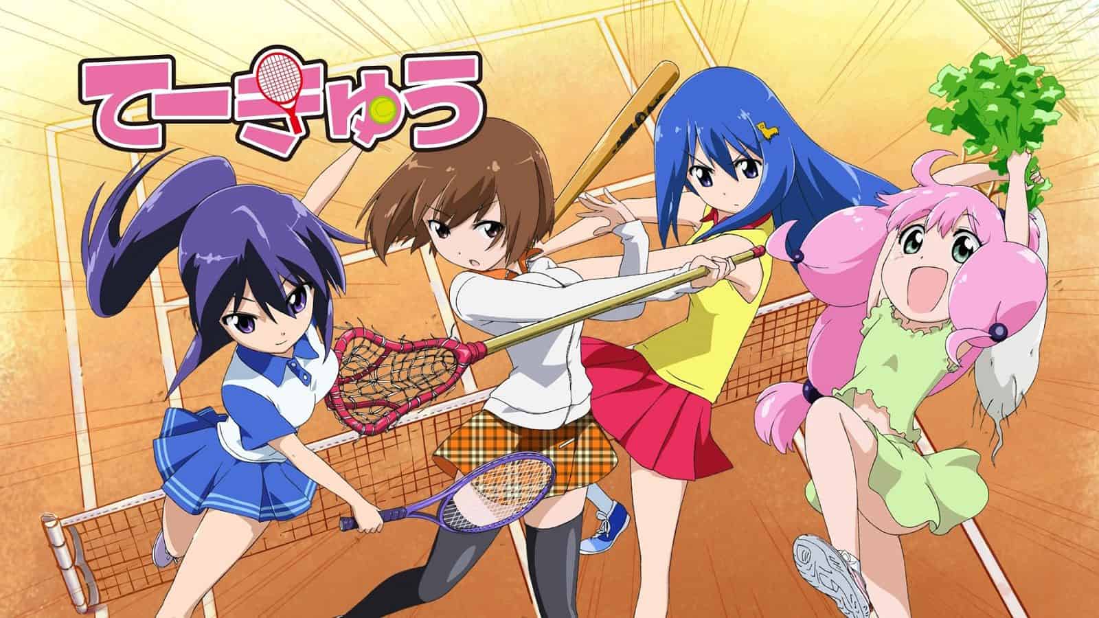 four girls playing tennis.