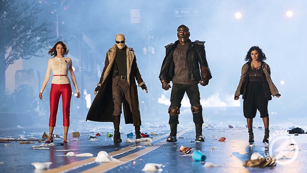alt=" The main leads of Doom Patrol standing at the street" 