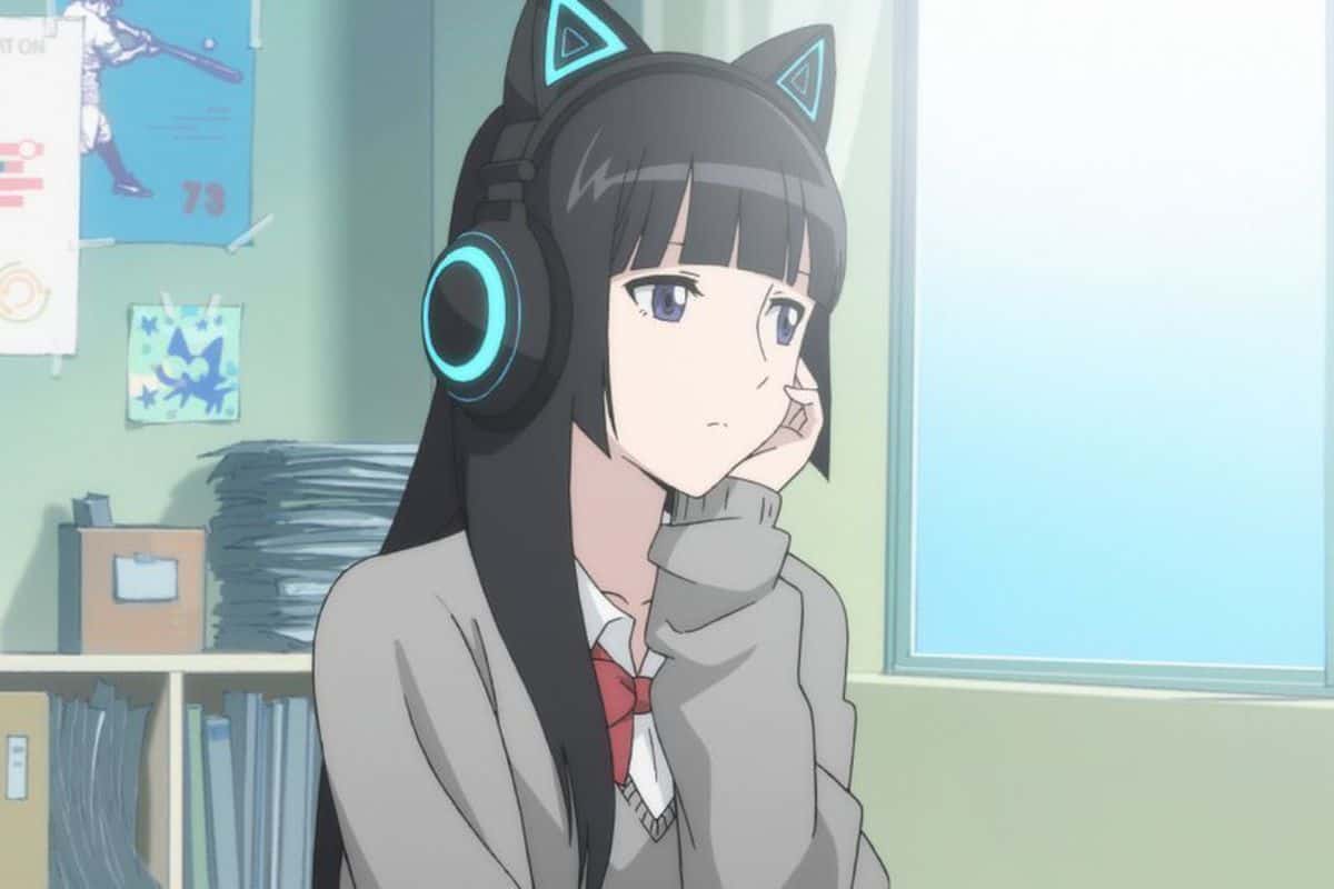 a high school girl listening music inside a classroom.