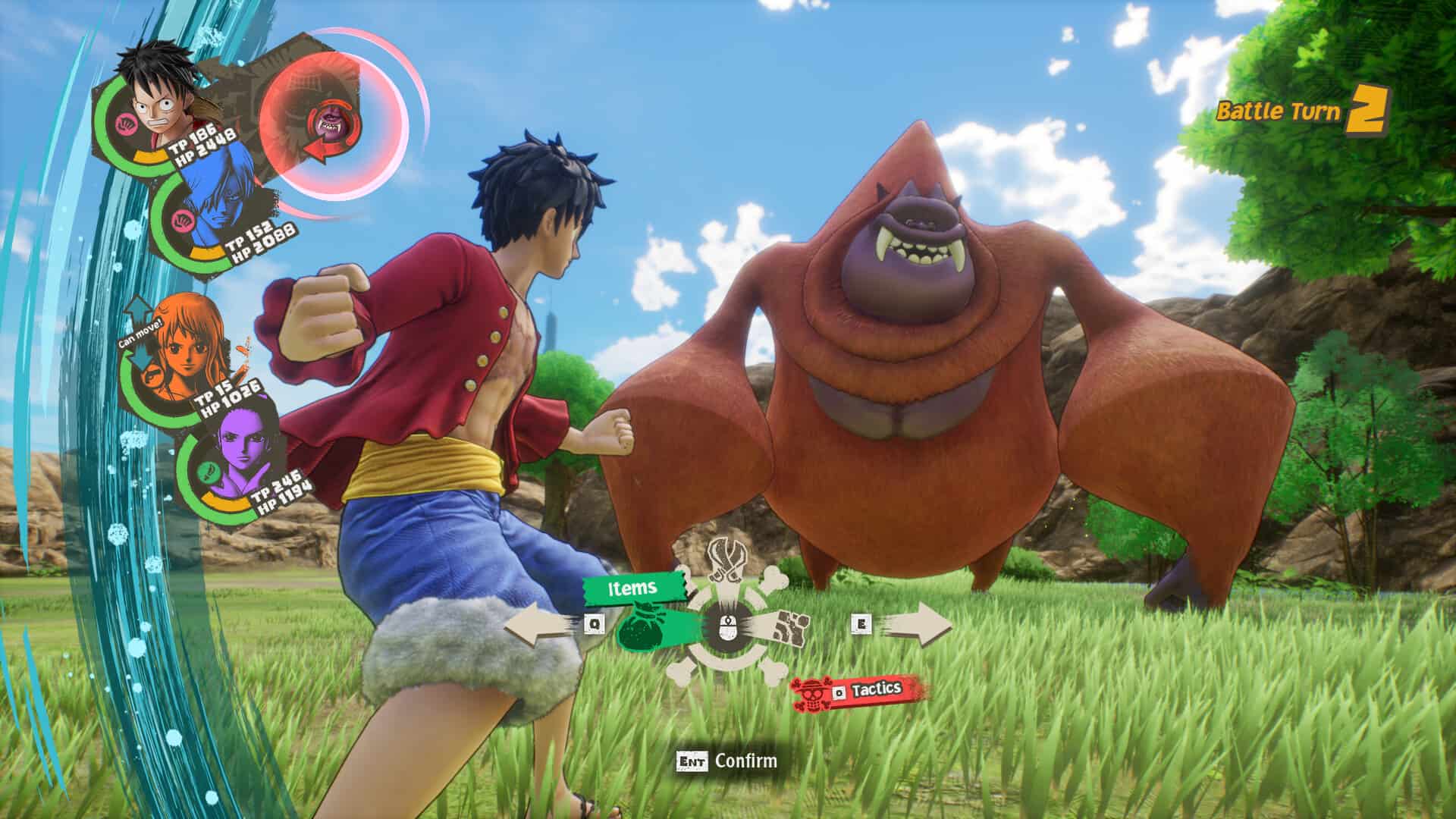 One piece odyssey gameplay showing luffy fighting a boss.