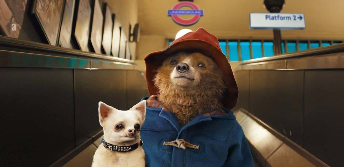 paddington bear with dog in london subway
