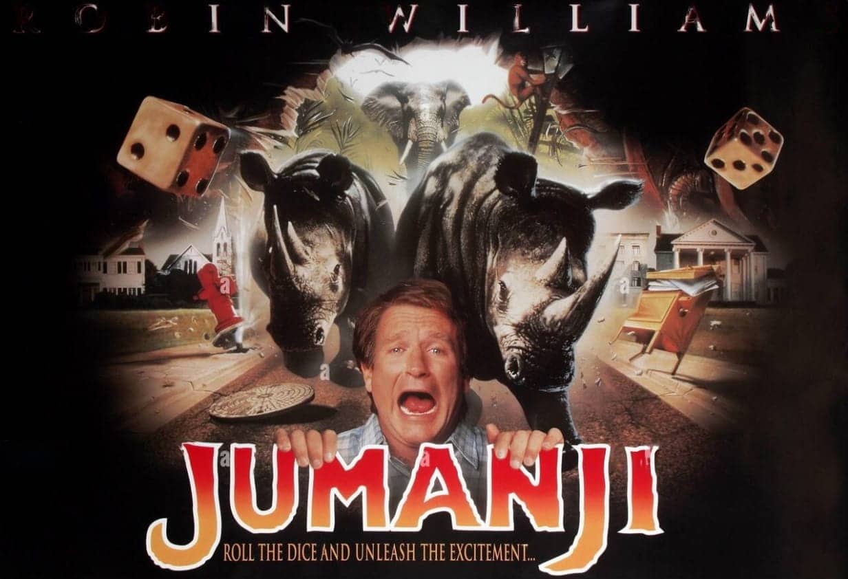 Jumanji 1995 original poster featuring dices and robin williams