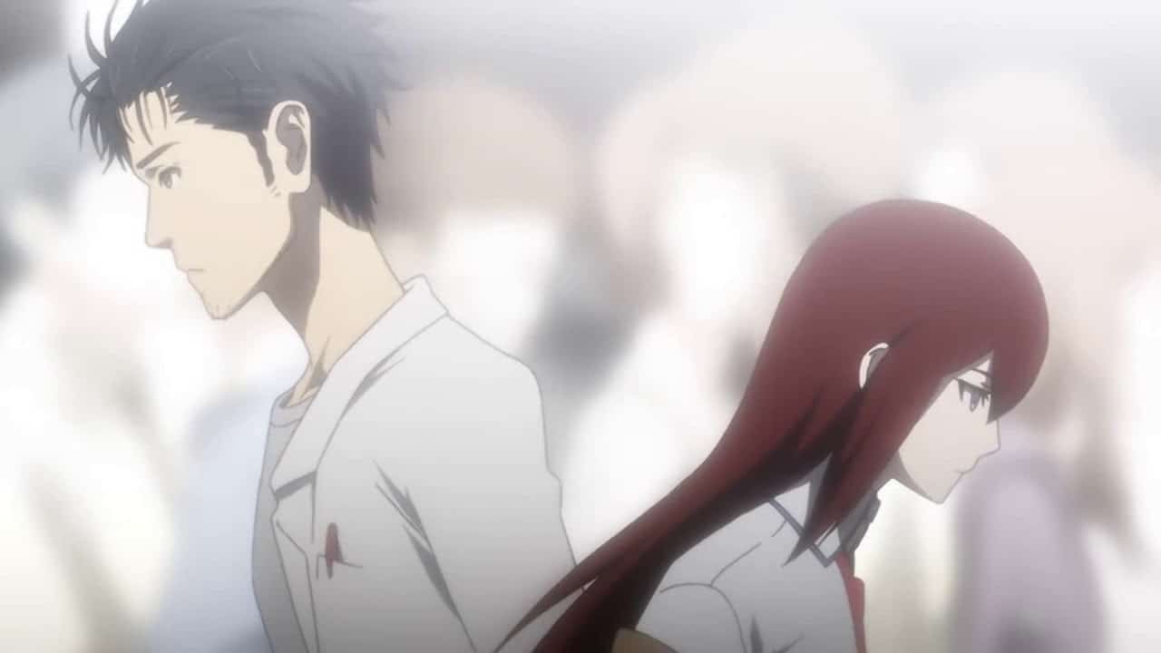 Okabe and makise walking past each other