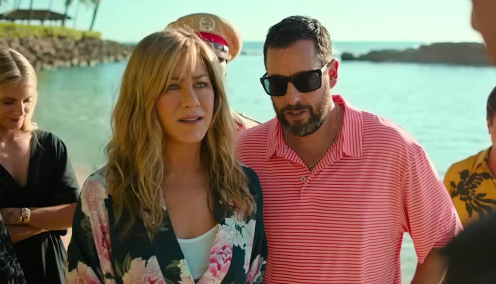 Aniston and Sandler in the film, Murder Mystery 2 (Credits: Netflix)
