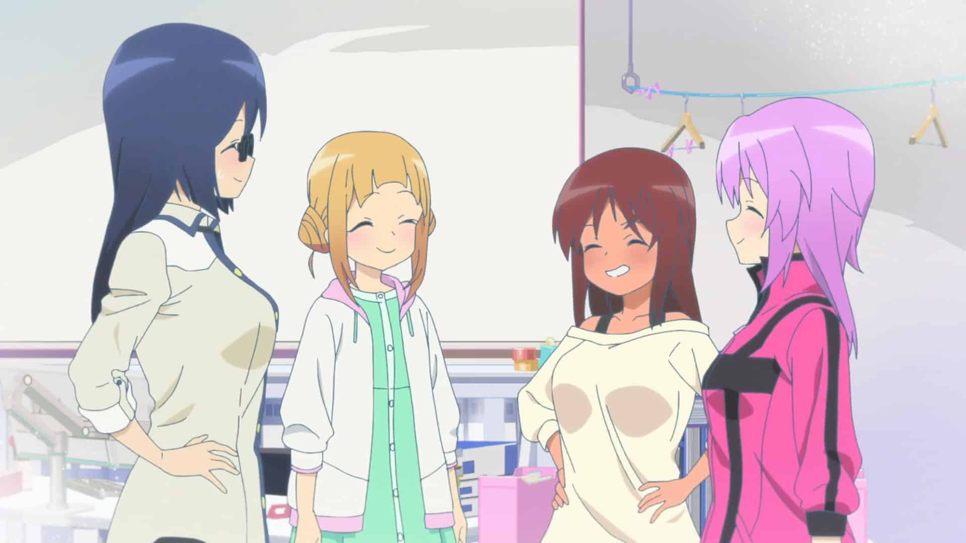 Kaneshiya Shitara(Mid Right), Momoshina Fumika(Left), And Hirasaka Yotsuyu(Right) Congratulating Takahata(Mid Left) On Getting Her Actress License - Alice Gear Aegis Expansion Episode 1