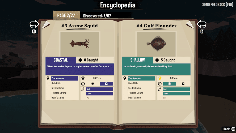 Inventory and fishes menu in the game. 
