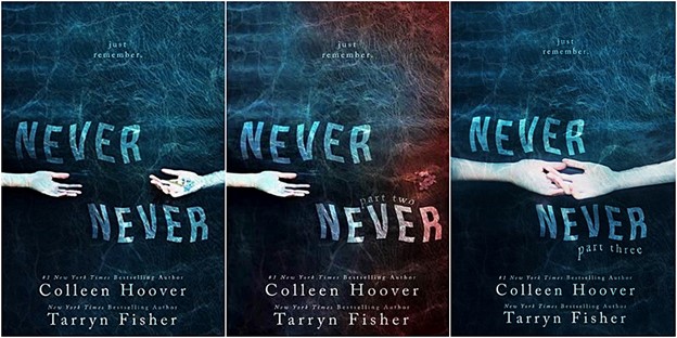 Cover images of the book Never Never. It has 3 parts.