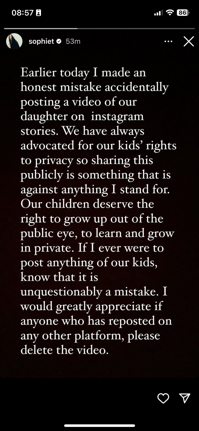 Sophe Turner's Instagram Story addressing her mistake of posting a video of Willa Jones
