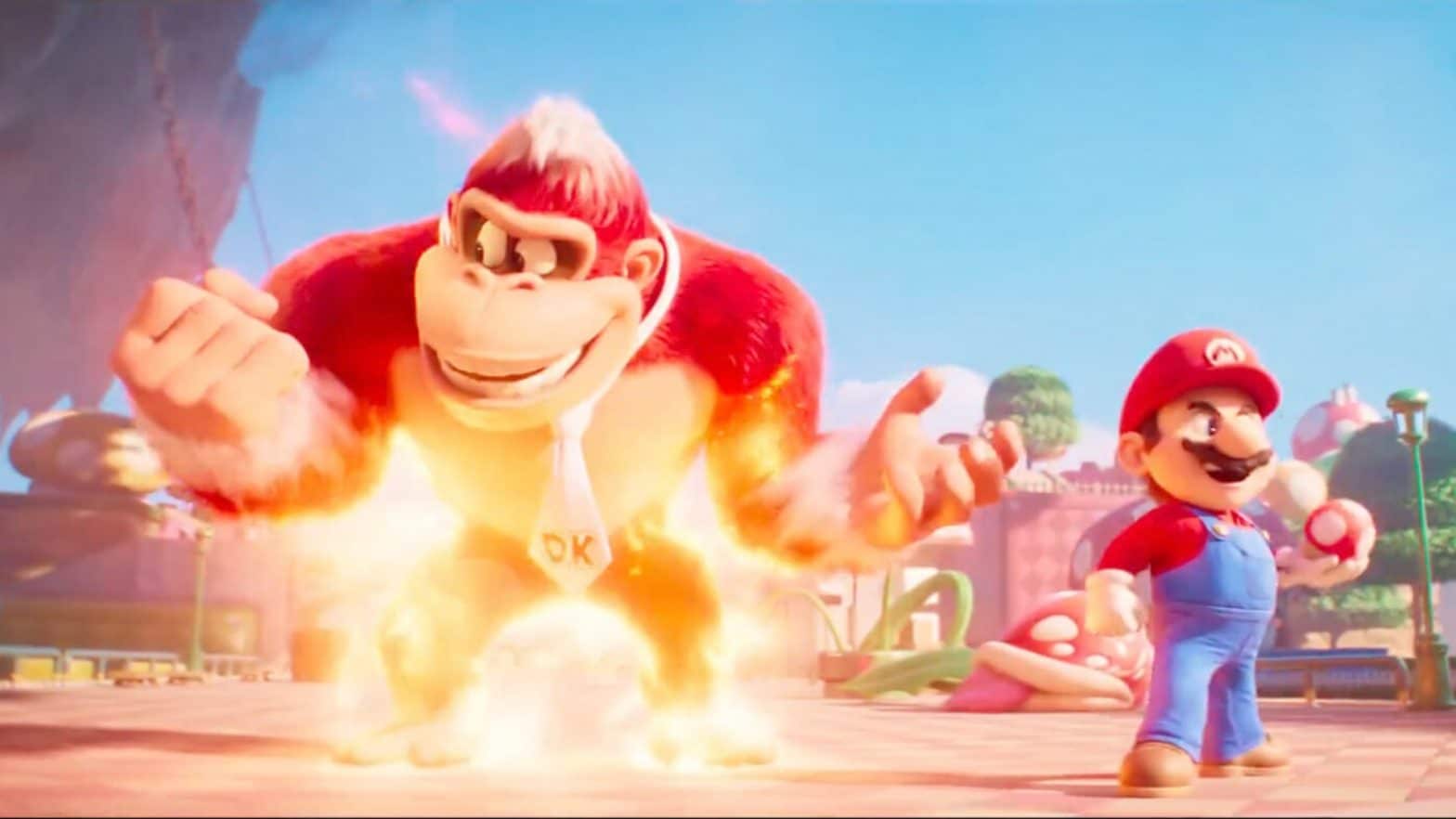 A still from The Super Mario Bros. Movie featuring Mario and Donkey Kong