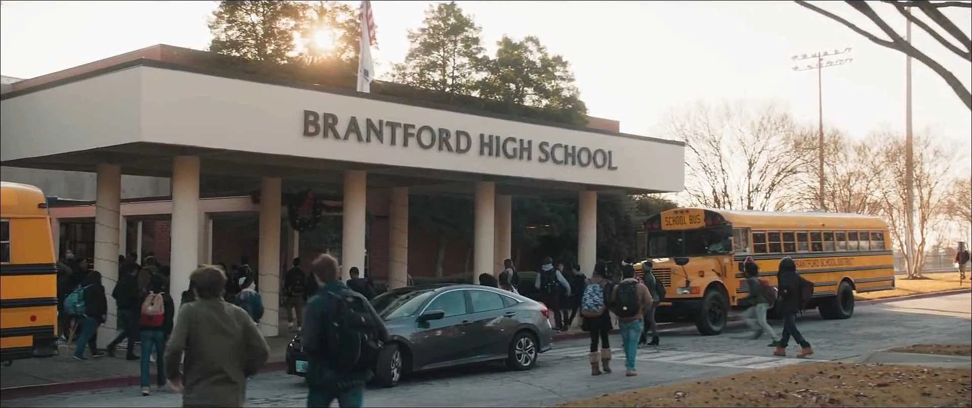 Brantford High School at the start of the film (Credits: Columbia Pictures)