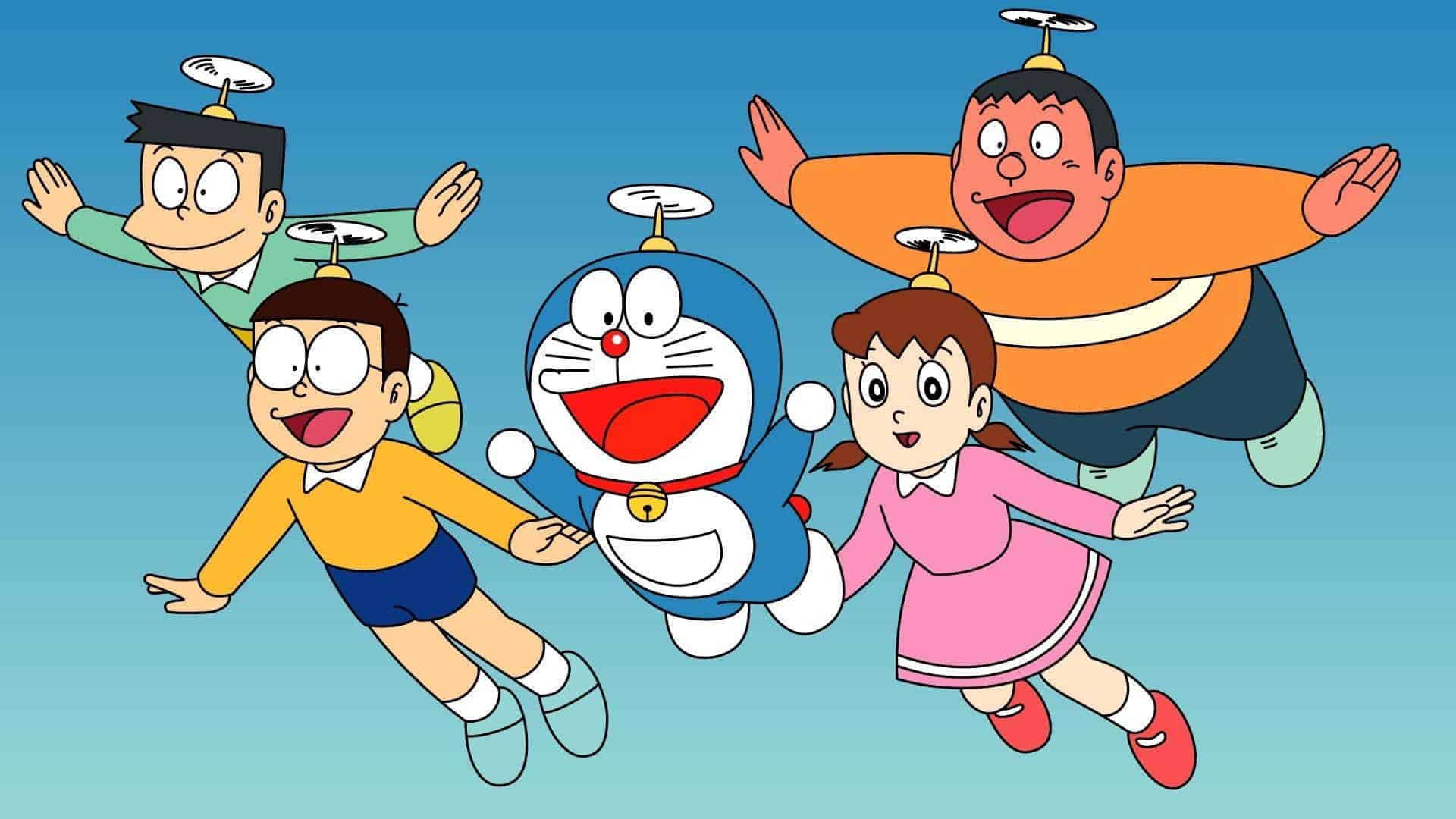 Doraemon, Nobita, Shizuka, Gian and Suneo flying using bamboo copter