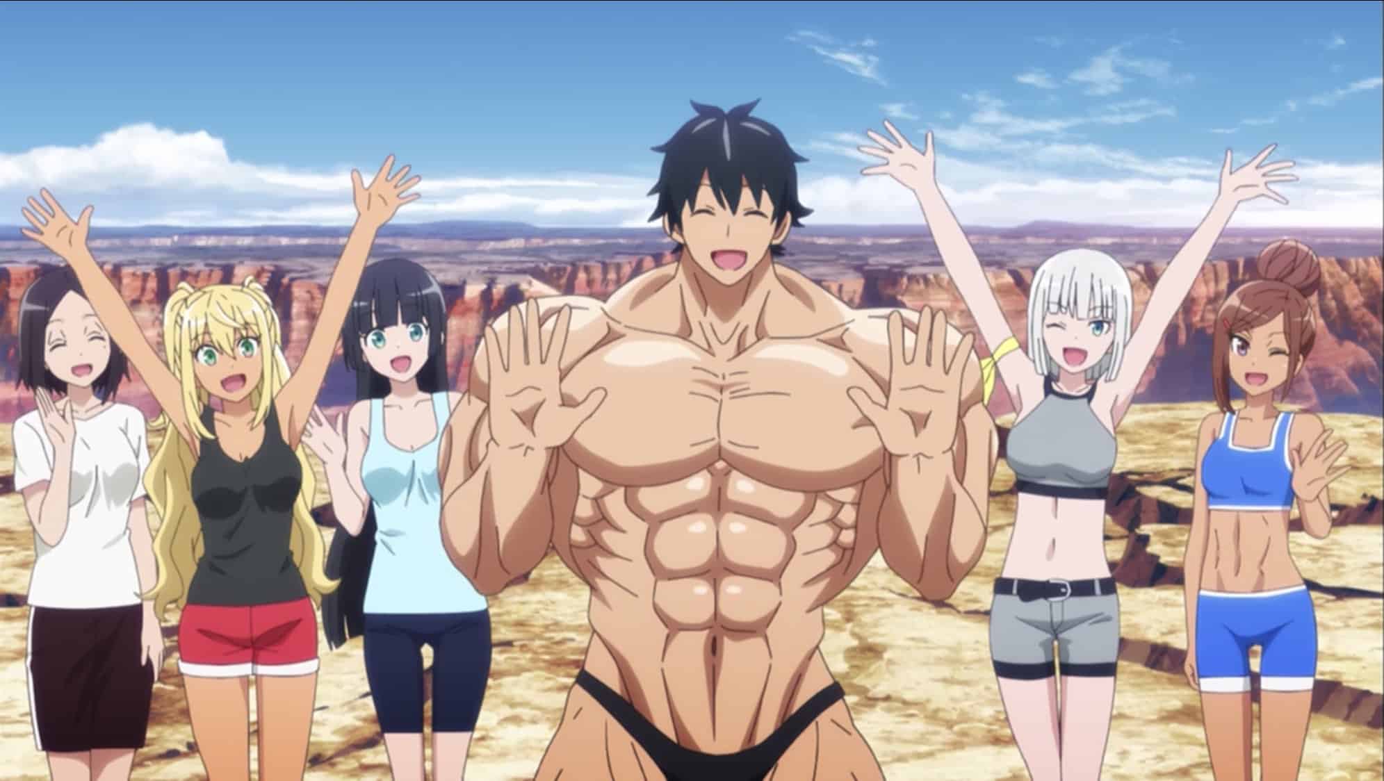 Massively shredded man with a small cute face surrounded by anime gym girls
