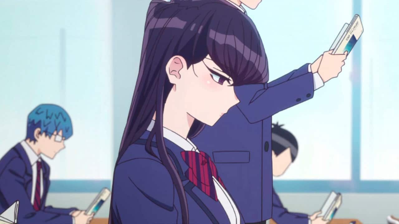 Side view of a highschool girl Komi san who is reading 