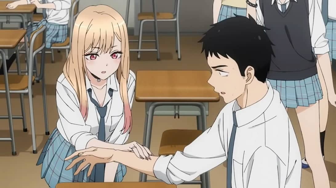 Beautiful girl Marin holds the hand of Gojou