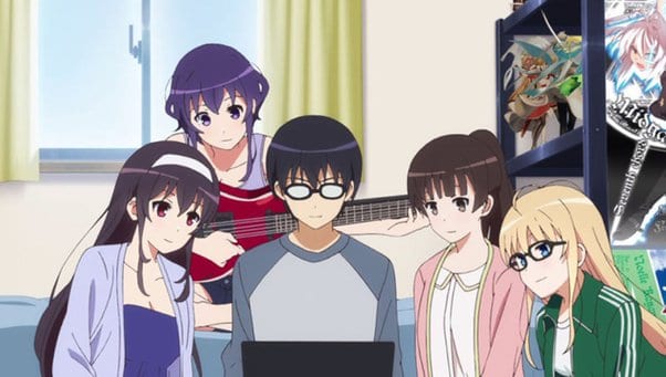 Nerd boy surrounded by cute anime girls