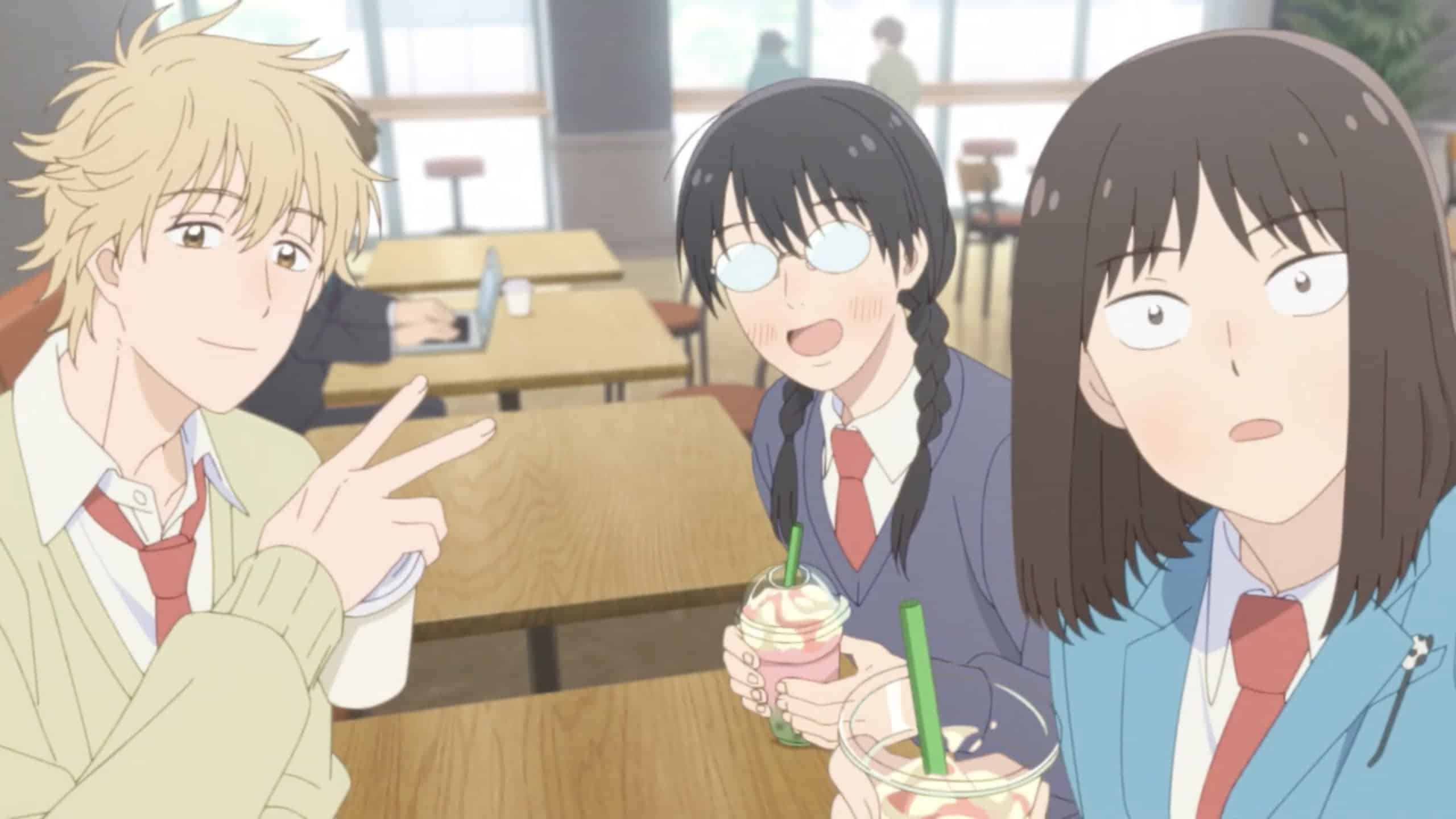 Students Mitsumi Iwakura, Sousuke Shima and Makoto Kurume taking a selfie in the classroom