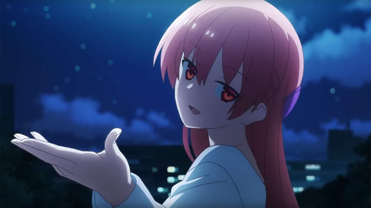 Tsukasa holding out her hand in a moonlit sky