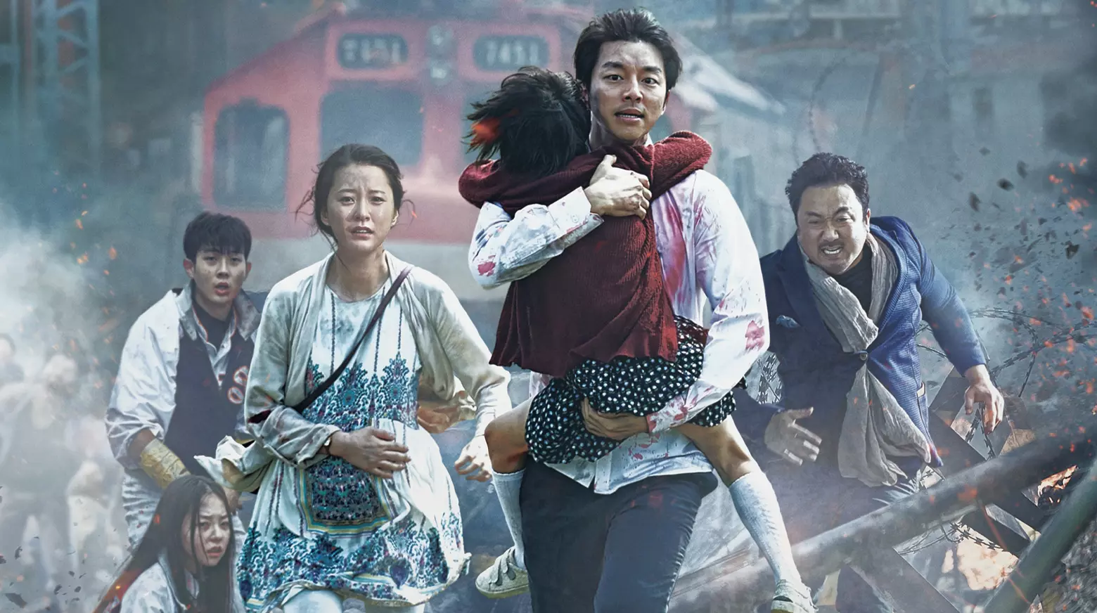 The characters from the film, Train to Busan, running away, while a man holds his daughter in his arms.