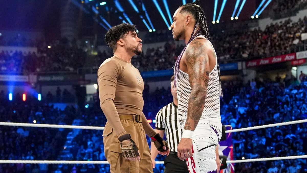Bad Bunny and Damien Priest in the ring at Backlash 2023 (Credits: Billboard)