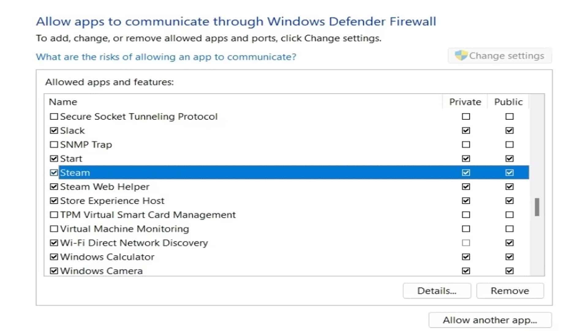 Screenshot of Windows Firewall Settings