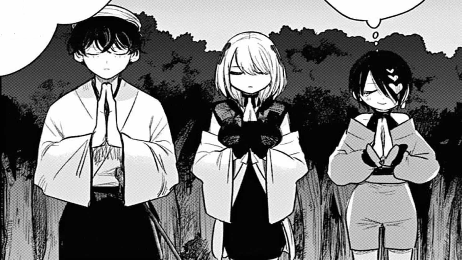 Yunosuke (Left), Matsuri (Middle), And Ren (Right) Praying At Her Parent's Grave - Until Your Sword Breaks Chapter 3