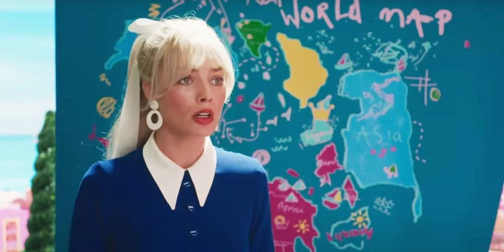 Margot Robbie in a scene from the film that features the controversial and geographically incorrect map. 
