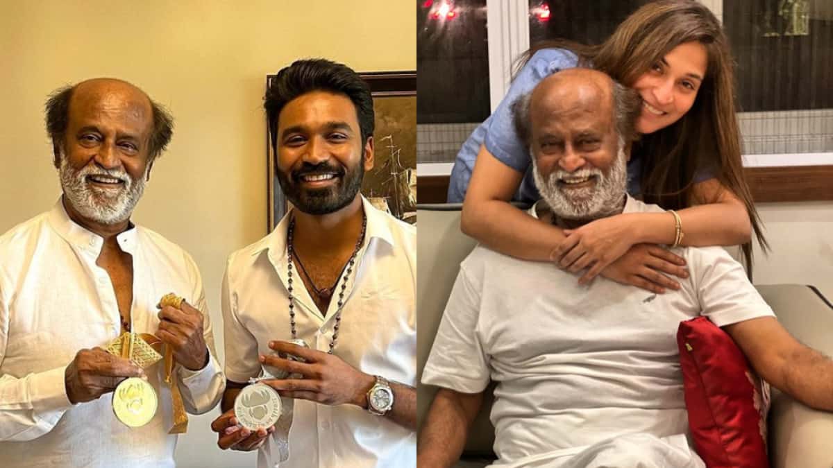 Dhanush with his father-in-law Rajinikanth and alongside a picture of Aishwaryaa and her father. 