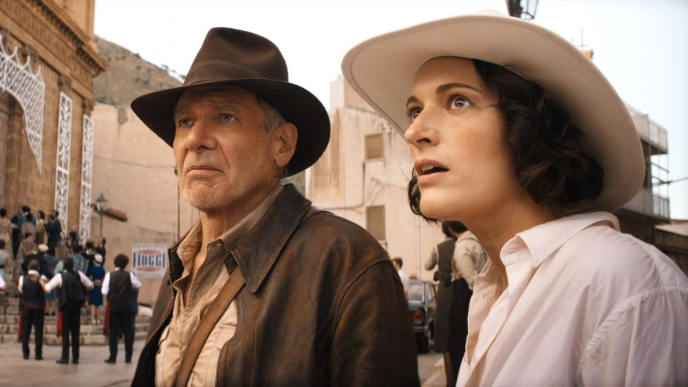 Phoebe Waller Bridge, who plays Helena and Harrison Ford as Indy in a still from the film. 