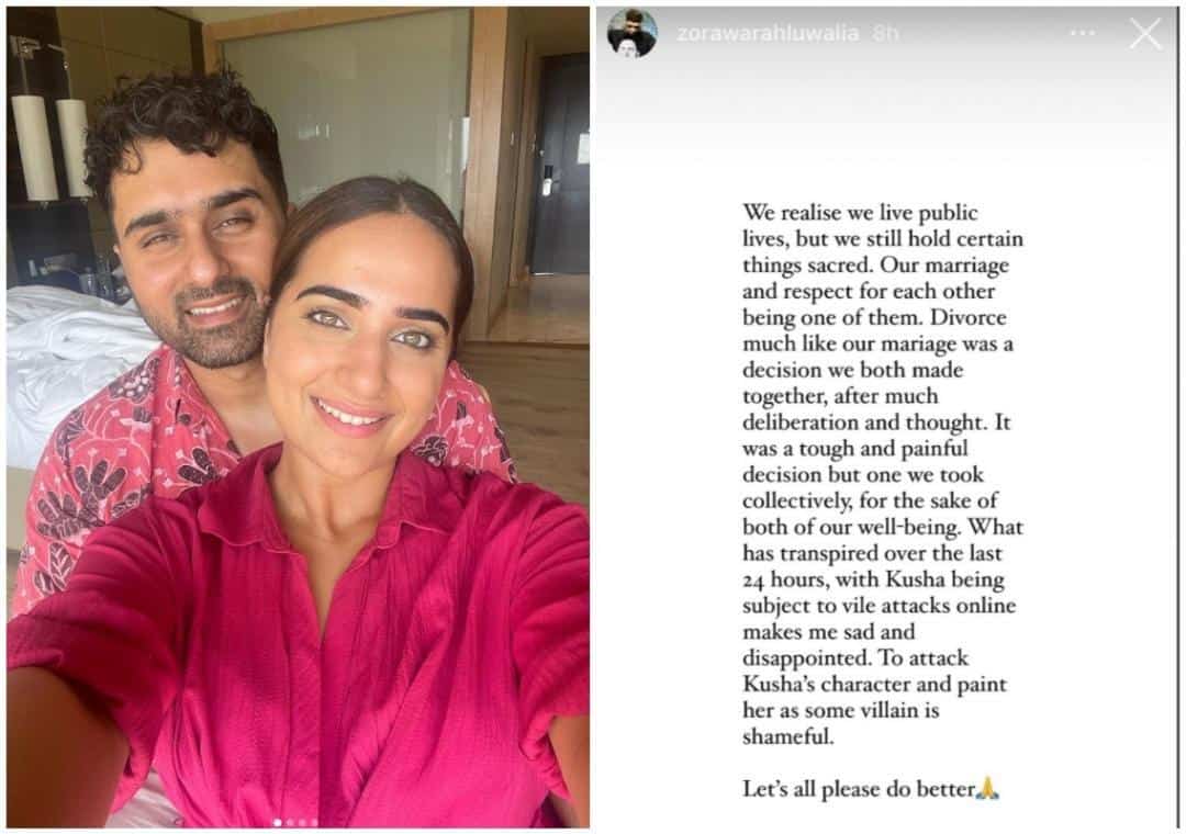 Kusha with her husband Zorawar Singh Ahluwalia and alongisde a screenshot of the message that Kusha posted on social media. 