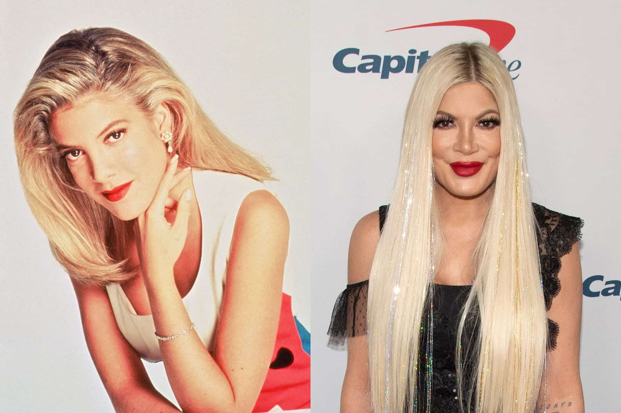 Tori Spelling then and now. 