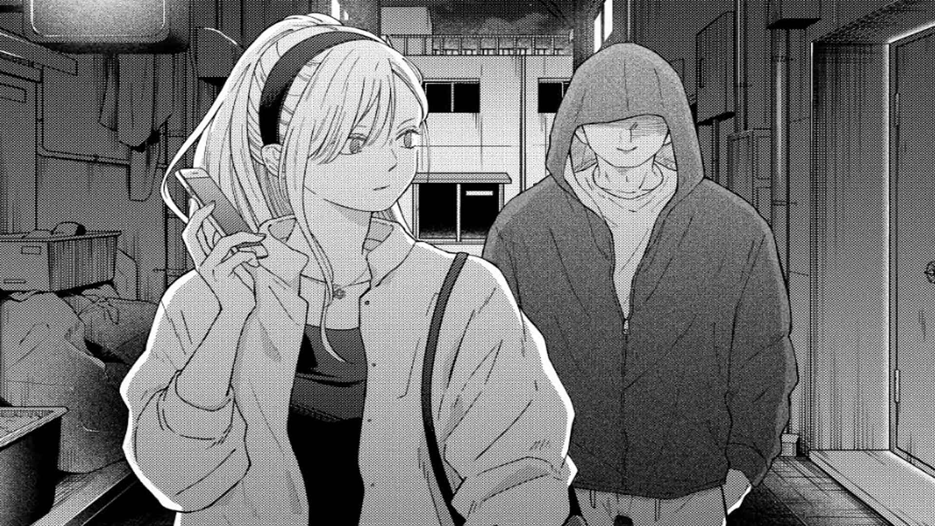 Akane Looking Back To See The Mysterious Hooded Figure Standing Behind Her - My Lv999 Love For Yamada-Kun Chapter 98 (Credits: Mangamo)