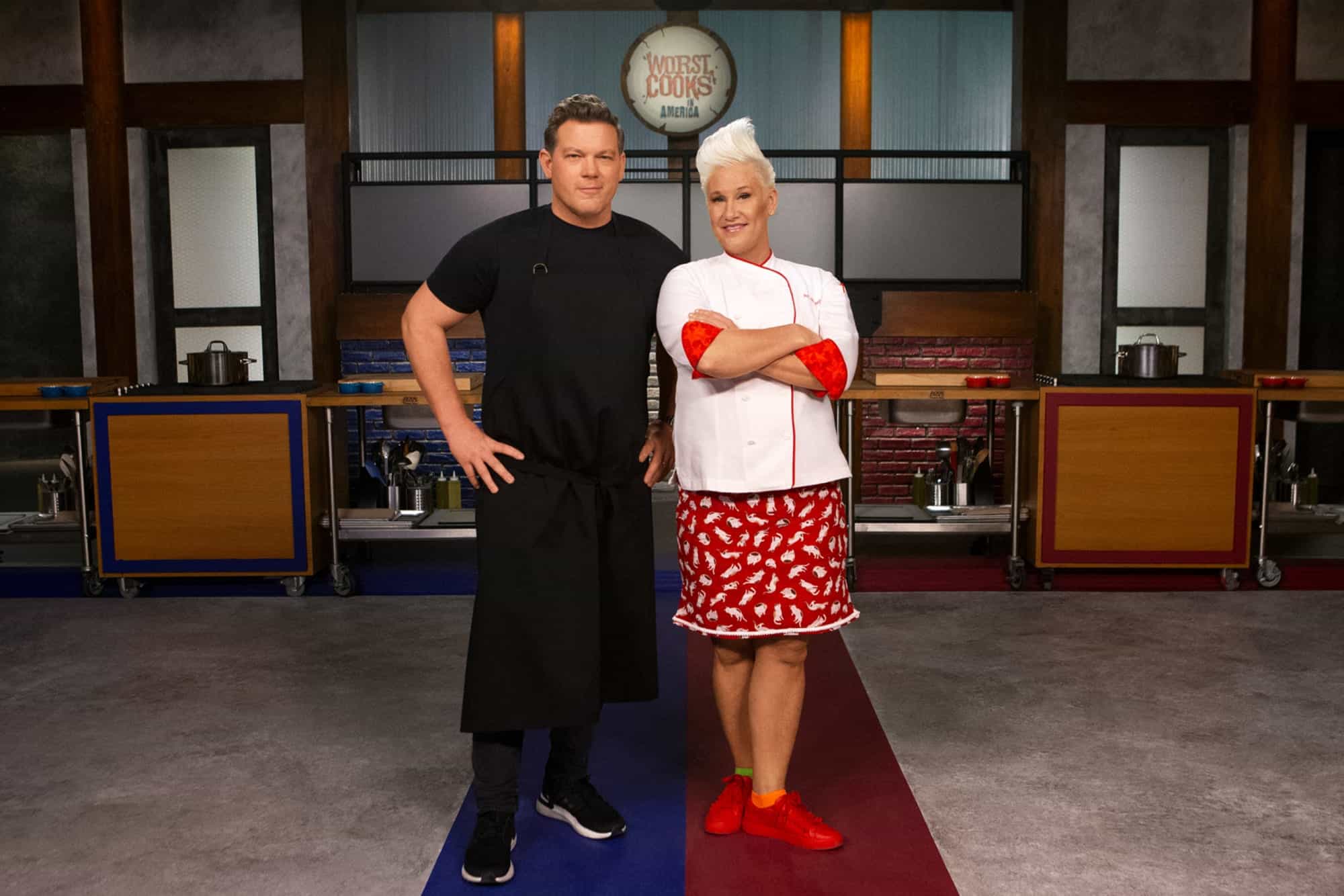 The two chefs, Anne Burrell and Beau MacMillan, on the show, Worst Cooks in America (Credits: Food Network)