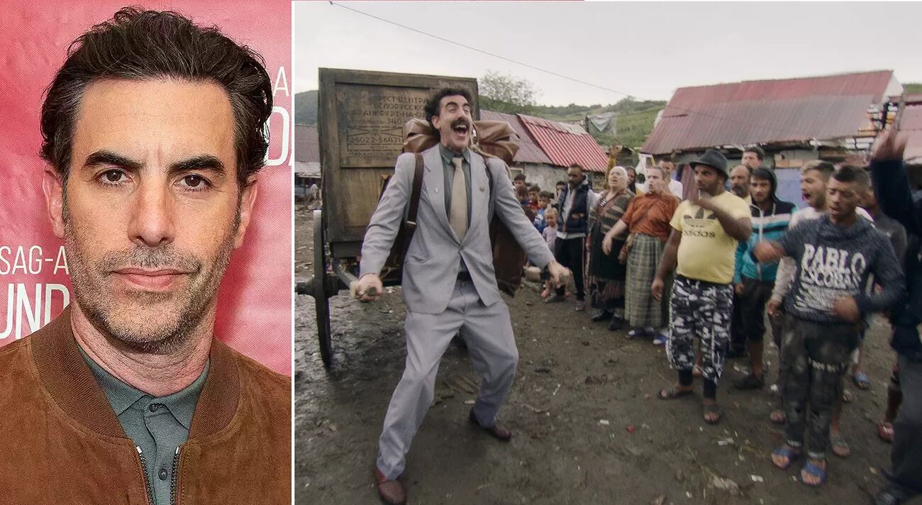 Sacha Baron Cohen (Left) And Him In Borat (Right)