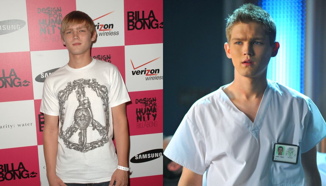 Evan Ellingson At A Benefit Event (Left) And in CSI: Miami (Right)