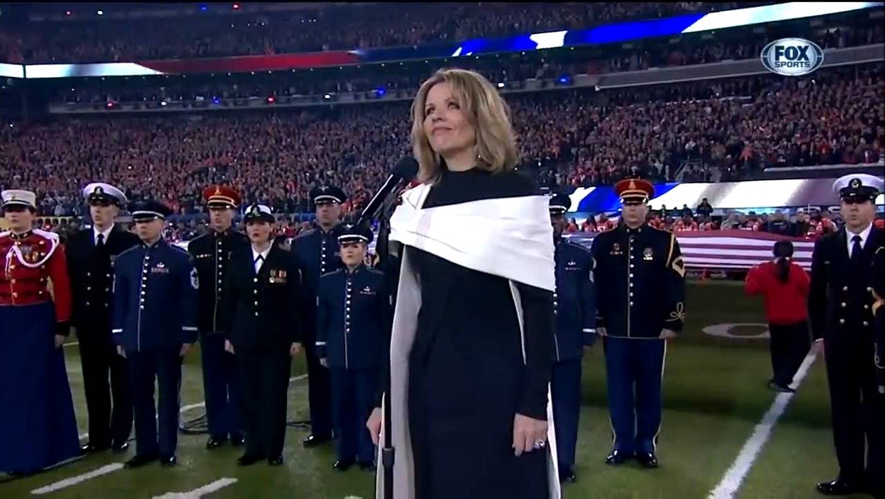 Renee Fleming singing the national anthem at the Super Bowl (Credits: FOX Sports)