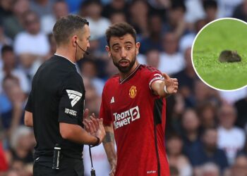 Bruno Fernandes complaining to referee Michael Oliver