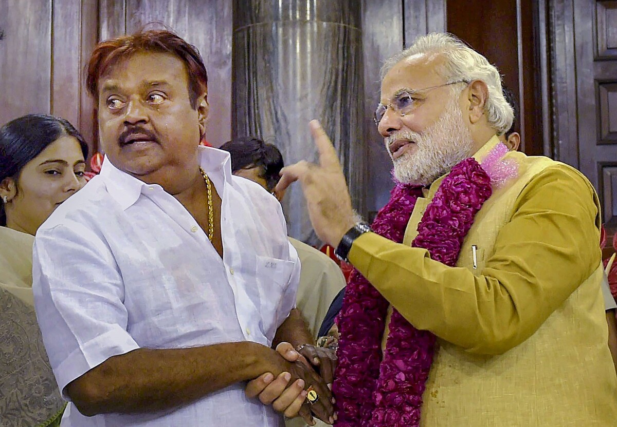 The Prime minister Narendra Modi being greeted by DMDK chief Vijayakanth in New Delhi.