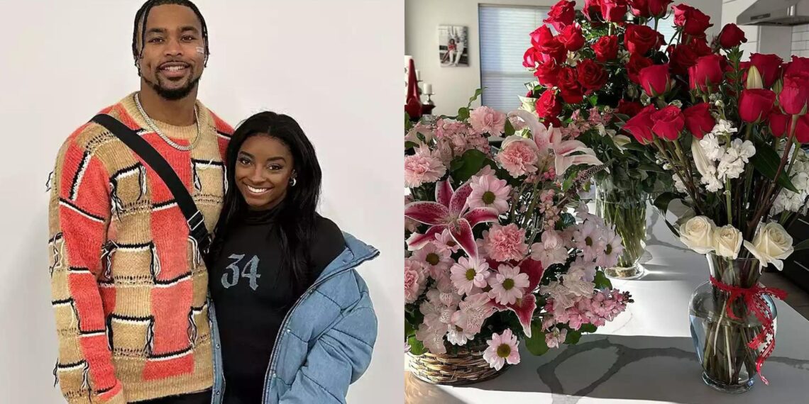 Simone Biles and Jonathan Owens sharing bouquets