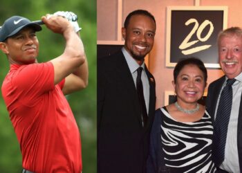 Tiger Woods with Nike cap, and Woods with ex-Nike CEO Phil Knight